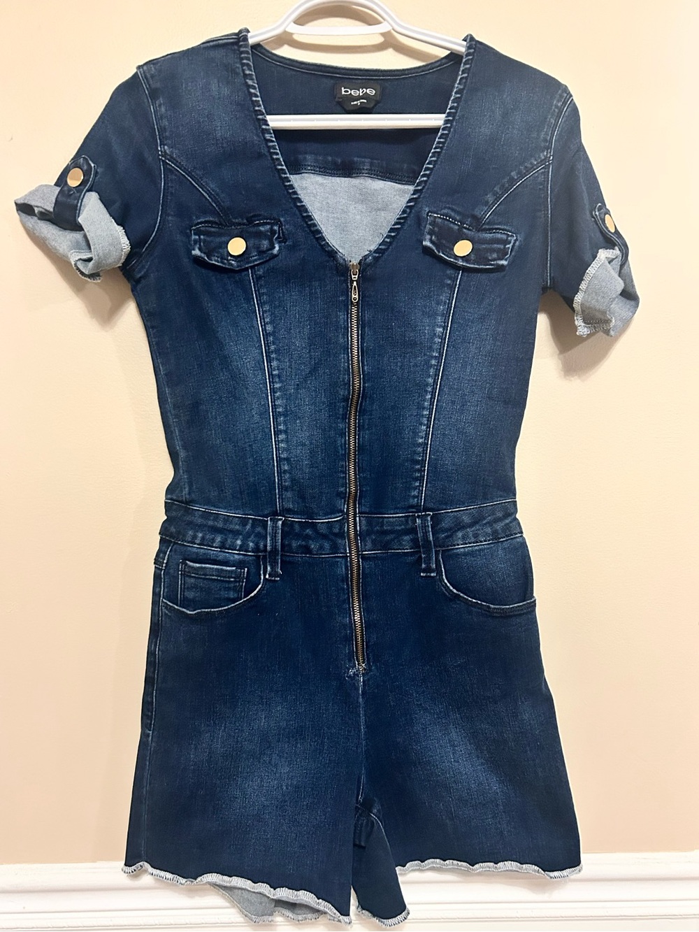 bebe Dark Indigo Short Sleeve Denim Romper with Front Zip